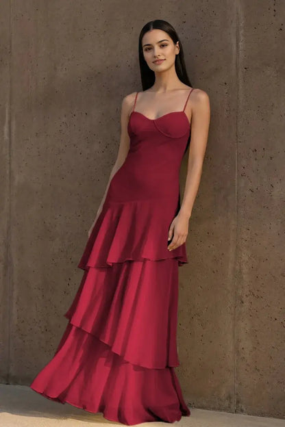 Aimishang Elegant Spaghetti Straps Sleeveless Ruffle Wedding Guest Dress Lovely Long Party Prom Dress
