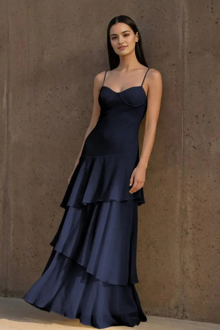 Aimishang Elegant Spaghetti Straps Sleeveless Ruffle Wedding Guest Dress Lovely Long Party Prom Dress