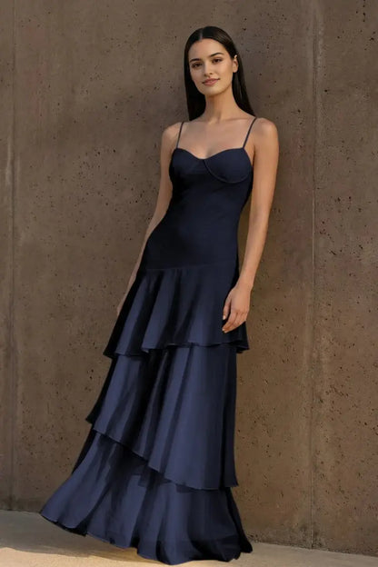 Aimishang Elegant Spaghetti Straps Sleeveless Ruffle Wedding Guest Dress Lovely Long Party Prom Dress