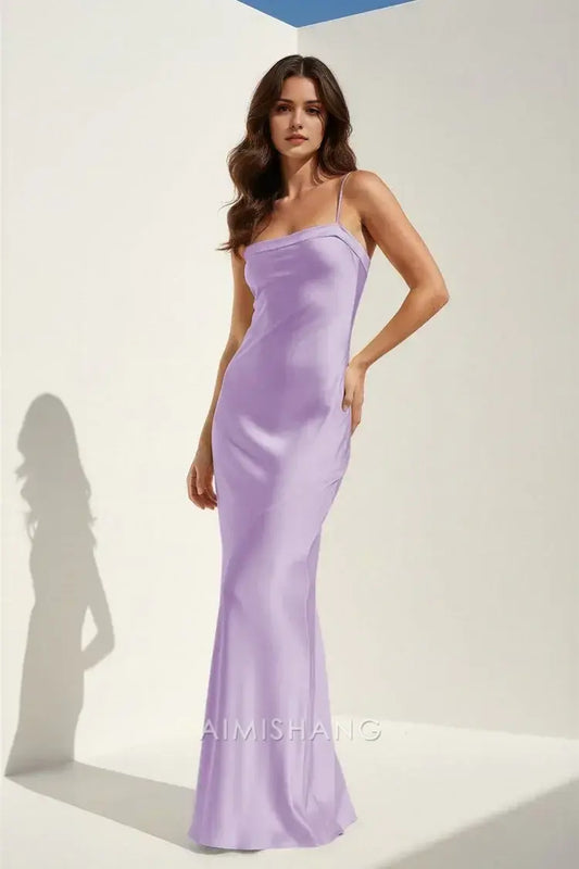 Aimishang Elegant Spaghetti Straps Sleeveless Satin Long Formal Prom Dress Charming Graduation Dress Simple Party Evening Gowns