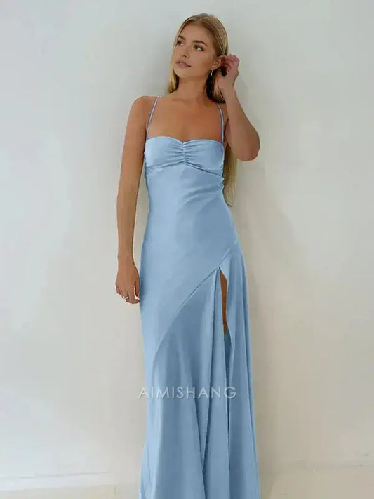 Aimishang Elegant Spaghetti Straps Sleeveless Satin Long Formal Prom Dress With Slit Simple Party Evening Gowns Sweet Graduation Dress