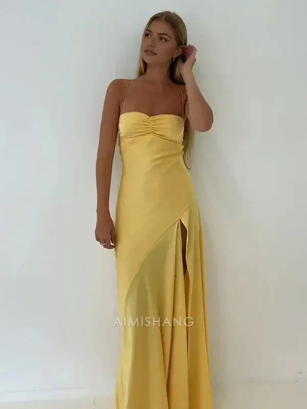 Aimishang Elegant Satin Spaghetti Straps Sleeveless Long Formal Prom Dress With Slit Simple Party Evening Gowns Sweet Graduation Dress