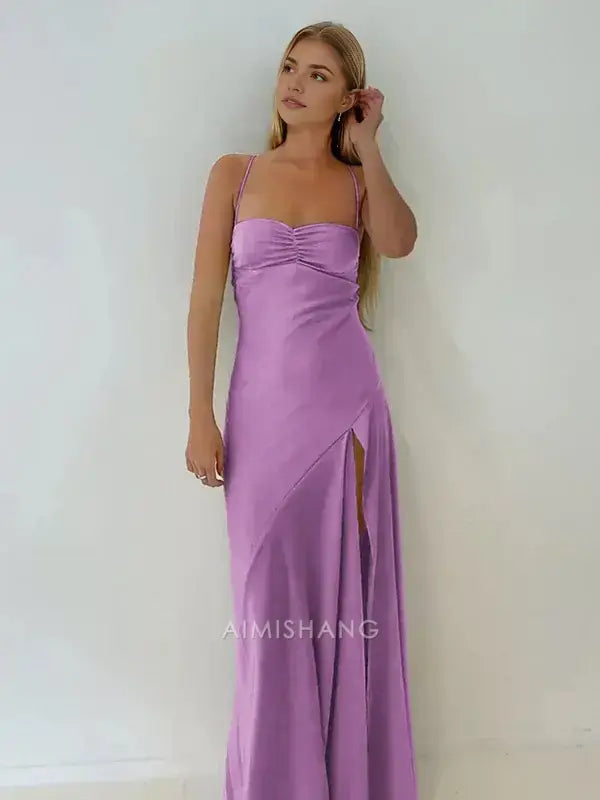 Aimishang Elegant Satin Spaghetti Straps Sleeveless Long Formal Prom Dress With Slit Simple Party Evening Gowns Sweet Graduation Dress