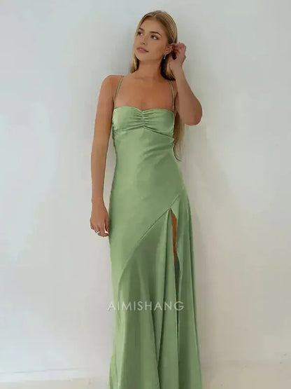 Aimishang Elegant Spaghetti Straps Sleeveless Satin Long Formal Prom Dress With Slit Simple Party Evening Gowns Sweet Graduation Dress