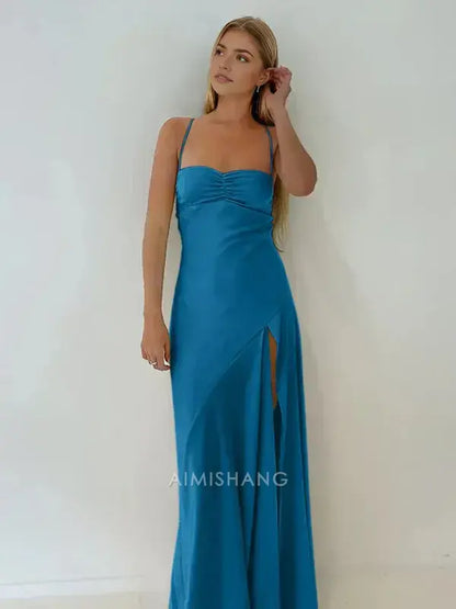 Aimishang Elegant Spaghetti Straps Sleeveless Satin Long Formal Prom Dress With Slit Simple Party Evening Gowns Sweet Graduation Dress