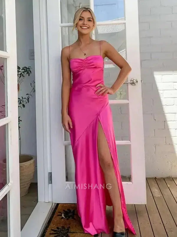 Aimishang Elegant Satin Spaghetti Straps Sleeveless Long Formal Prom Dress With Slit Simple Party Evening Gowns Sweet Graduation Dress