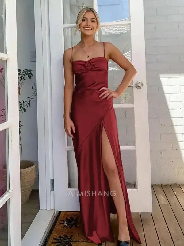 Aimishang Elegant Satin Spaghetti Straps Sleeveless Long Formal Prom Dress With Slit Simple Party Evening Gowns Sweet Graduation Dress