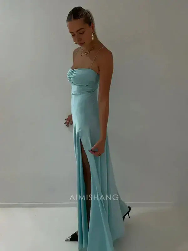 Aimishang Elegant Satin Spaghetti Straps Sleeveless Long Formal Prom Dress With Slit Simple Party Evening Gowns Sweet Graduation Dress