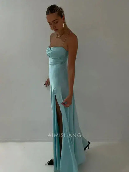 Aimishang Elegant Satin Spaghetti Straps Sleeveless Long Formal Prom Dress With Slit Simple Party Evening Gowns Sweet Graduation Dress