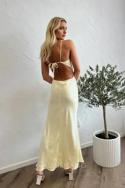 Aimishang Elegant Spaghetti Straps Sleeveless Satin Long Prom Dress Simple Evening Party Dress