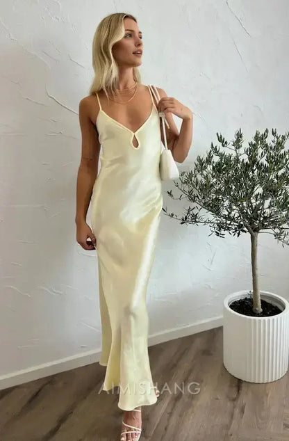 Aimishang Elegant Spaghetti Straps Sleeveless Satin Long Prom Dress Simple Evening Party Dress