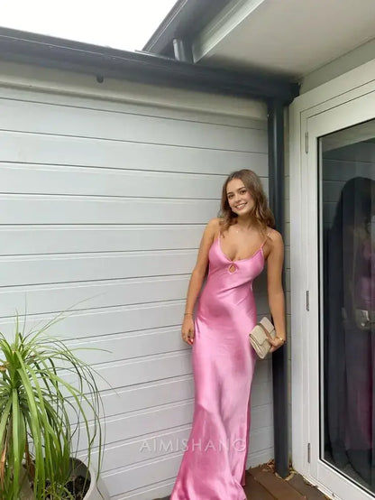 Aimishang Elegant Spaghetti Strap Sleeveless Satin Long Prom Dress Simple Evening Party Dress