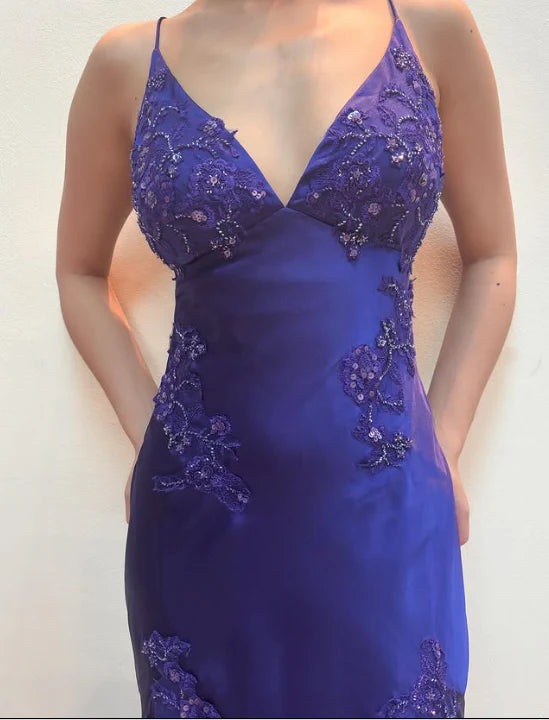 Aimishang Elegant Spaghetti Straps V-neck Satin Long Prom Dress Charming Evening Party Dress Women's Dresses with Appliques