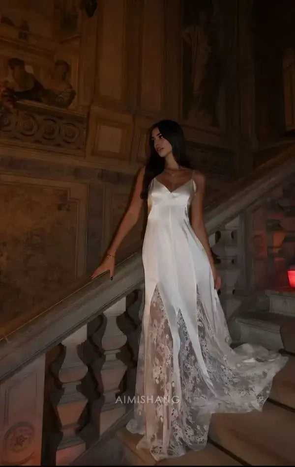 Aimishang Elegant Spaghetti Straps V Neck Satin Lace Party Evening Gown Charming Wedding Dress Chic Long Prom Dress