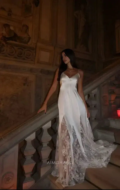 Aimishang Elegant Spaghetti Straps V Neck Satin Lace Party Evening Gown Charming Wedding Dress Chic Long Prom Dress