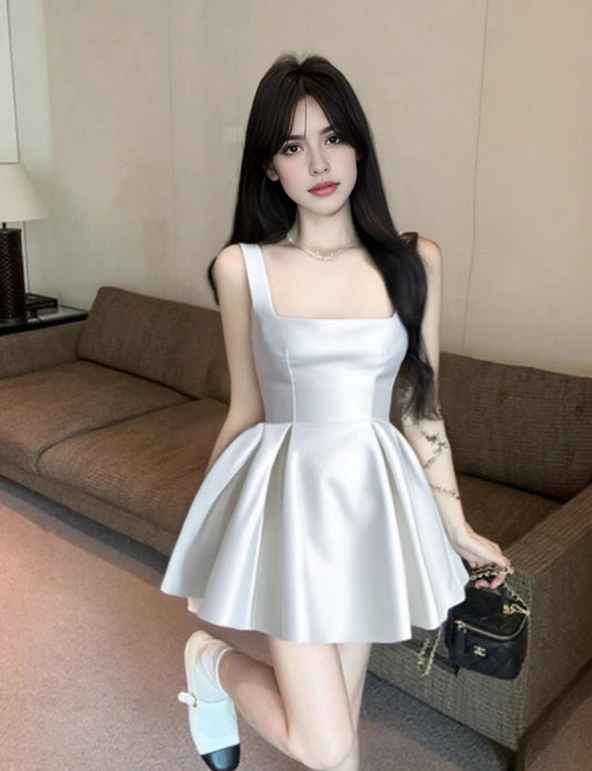 Aimishang Elegant Square Neck A-Line Satin Sleeveless Summer Short Homecoming Dress Fashion Graduation Party Dress