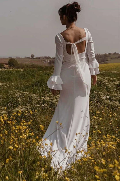 Aimishang Elegant Square Neck Long Sleeve Long Wedding Dress with Slit Sweetheart Bridal Gown Simple Party Dress