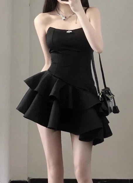 Aimishang Elegant Strapless A Line Sleeveless Black Short Birthday Party Dress Chic Homecoming Dress