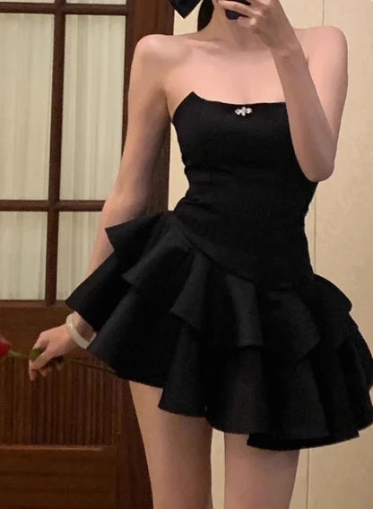 Aimishang Elegant Strapless A Line Sleeveless Black Short Birthday Party Dress Chic Homecoming Dress