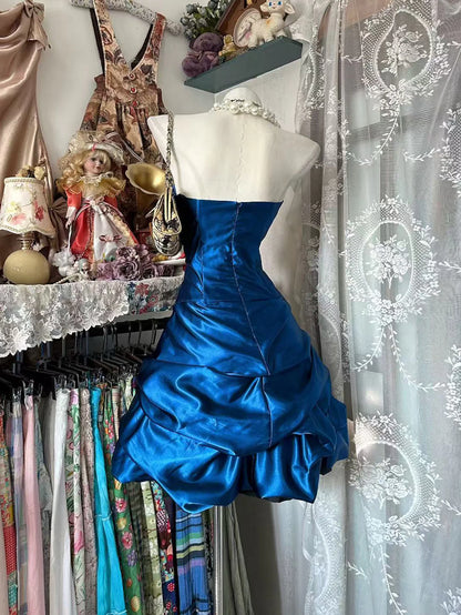 Aimishang Elegant Strapless Blue Satin Sleeveless Zipper Back Short Summer Homecoming Dress No With Neck accessories