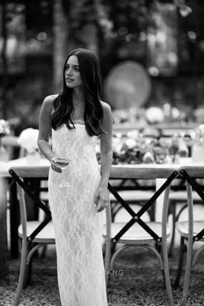 Aimishang Elegant Strapless Lace Long Formal Prom Dress Charming Party Evening Gowns Romantic Wedding Dress