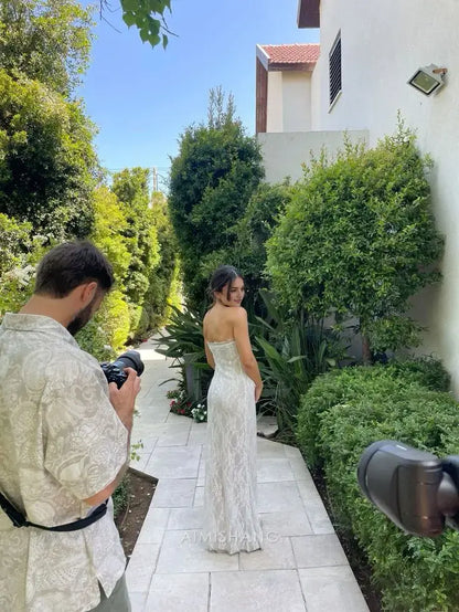 Aimishang Elegant Strapless Lace Long Formal Prom Dress Charming Party Evening Gowns Romantic Wedding Dress