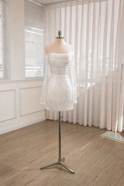 Aimishang Elegant Strapless Short Homecoming Dress Sequined Backless Charming Wedding Dress With Long Sleeves Lovely Birthday Party Dress