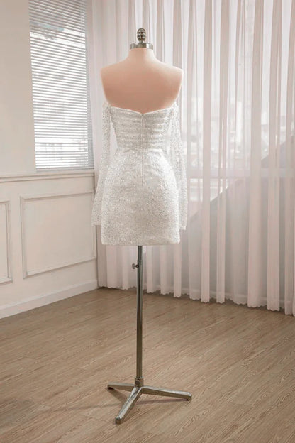 Aimishang Elegant Strapless Short Homecoming Dress Sequined Backless Charming Wedding Dress With Long Sleeves Lovely Birthday Party Dress