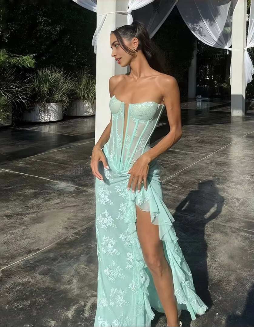 Aimishang Elegant Strapless Sleeveless Lace-Up Back Long Formal Prom Dress Charming Graduation Party Dress With Slit