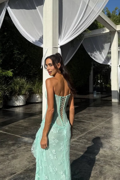 Aimishang Elegant Strapless Sleeveless Lace-Up Back Long Formal Prom Dress Charming Graduation Party Dress With Slit