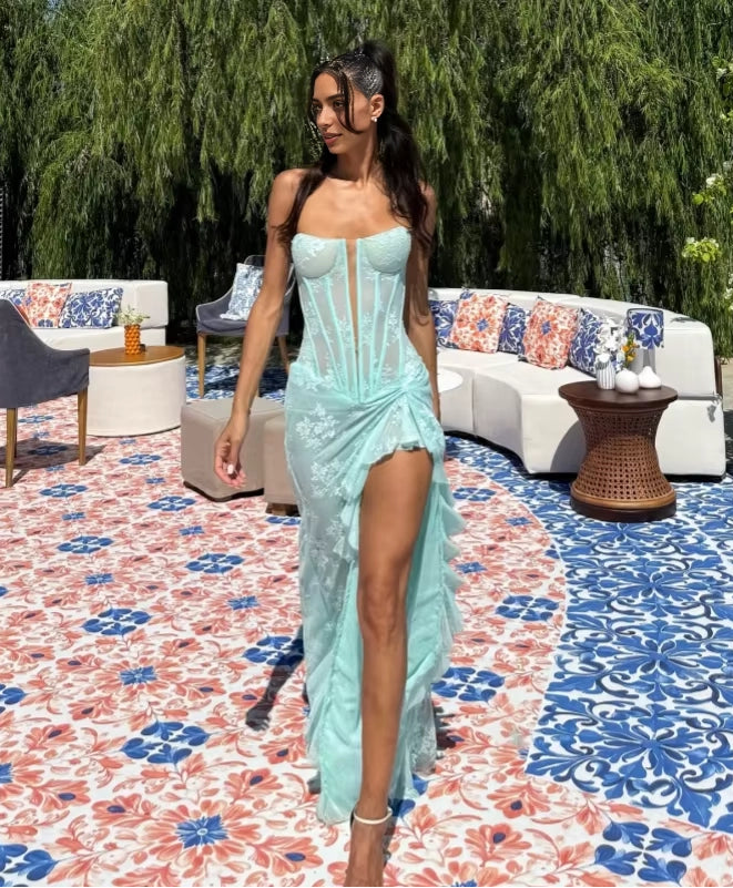 Aimishang Elegant Strapless Sleeveless Lace-Up Back Long Formal Prom Dress Charming Graduation Party Dress With Slit