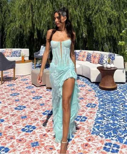 Aimishang Elegant Strapless Sleeveless Lace-Up Back Long Formal Prom Dress Charming Graduation Party Dress With Slit