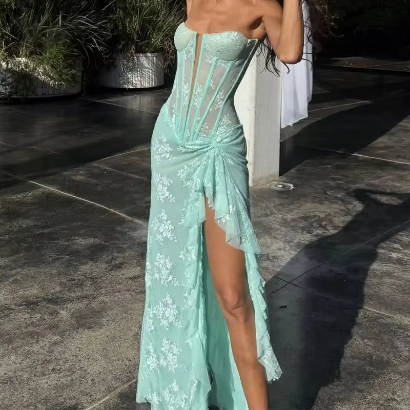 Aimishang Elegant Strapless Sleeveless Lace-Up Back Long Formal Prom Dress Charming Graduation Party Dress With Slit