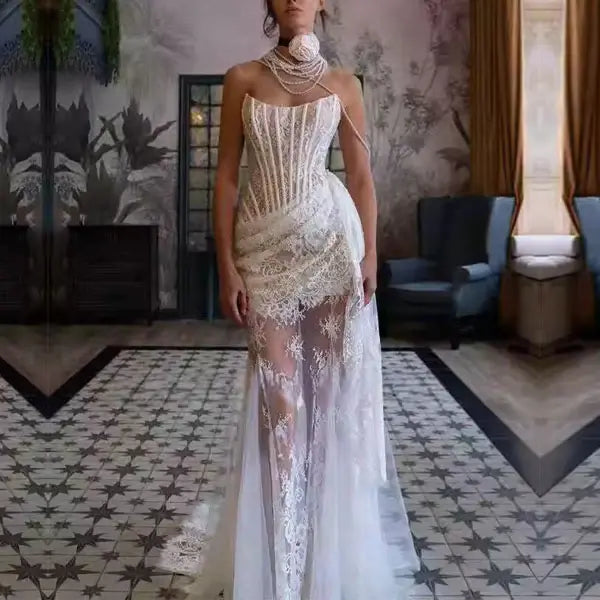 Aimishang Elegant Strapless Sleeveless Lace Wedding Dress Summer Charming Bridal Gowns