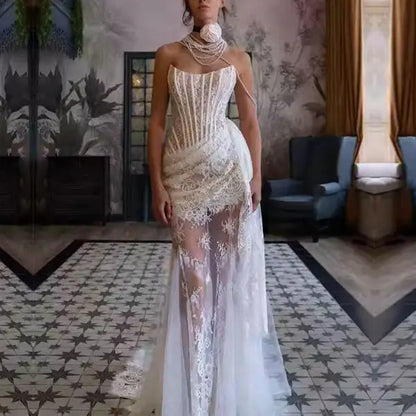 Aimishang Elegant Strapless Sleeveless Lace Wedding Dress Summer Charming Bridal Gowns