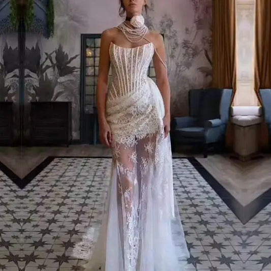 Aimishang Elegant Strapless Sleeveless Lace Wedding Dress Summer Charming Bridal Gowns