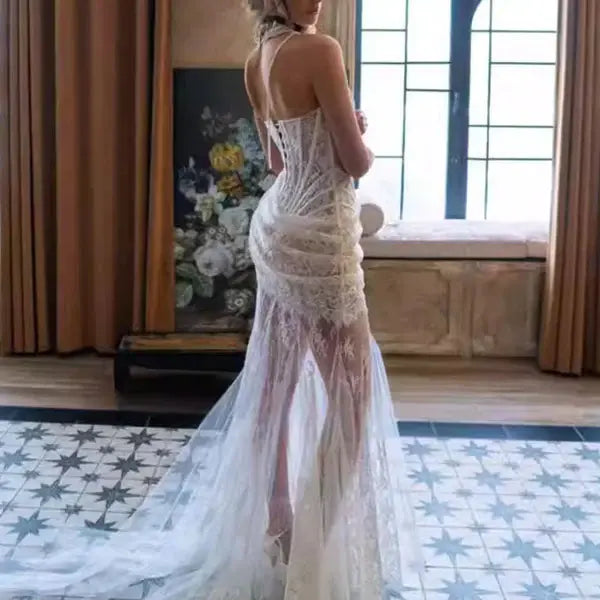 Aimishang Elegant Strapless Sleeveless Lace Wedding Dress Summer Charming Bridal Gowns