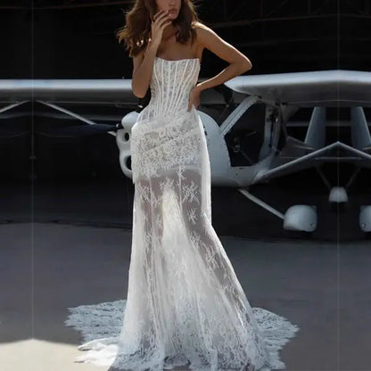 Aimishang Elegant Strapless Sleeveless Lace Long Wedding Dress Summer Modern Bridal Gowns