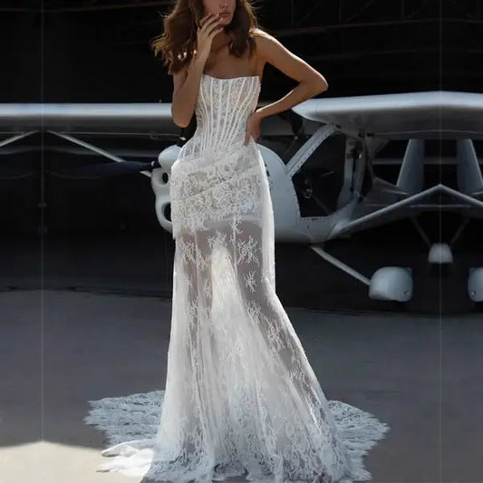 Aimishang Elegant Strapless Sleeveless Lace Long Wedding Dress Summer Modern Bridal Gowns