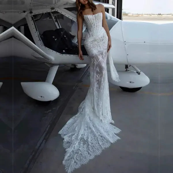 Aimishang Elegant Strapless Sleeveless Lace Long Wedding Dress Summer Modern Bridal Gowns