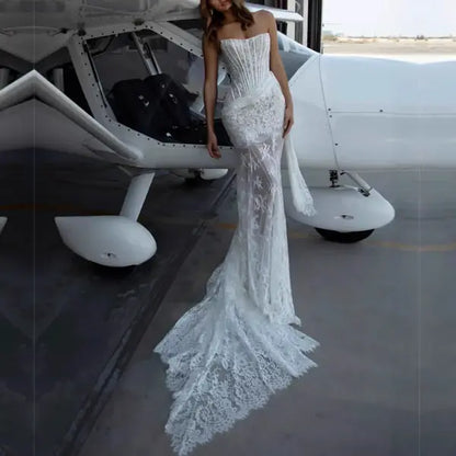 Aimishang Elegant Strapless Sleeveless Lace Long Wedding Dress Summer Modern Bridal Gowns