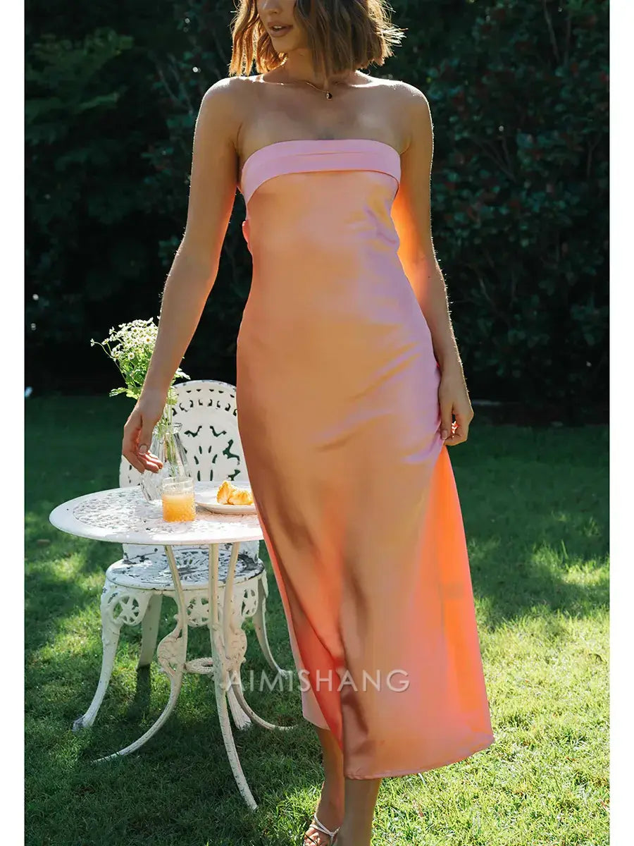 Aimishang Elegant Strapless Sleeveless Prom Dress Simple Party Evening Gown Satin Wedding Guest Dress