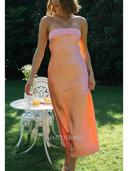 Aimishang Elegant Strapless Sleeveless Prom Dress Simple Party Evening Gown Satin Wedding Guest Dress