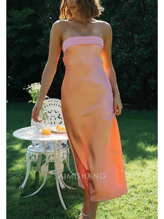 Aimishang Elegant Strapless Sleeveless Prom Dress Simple Party Evening Gown Satin Wedding Guest Dress