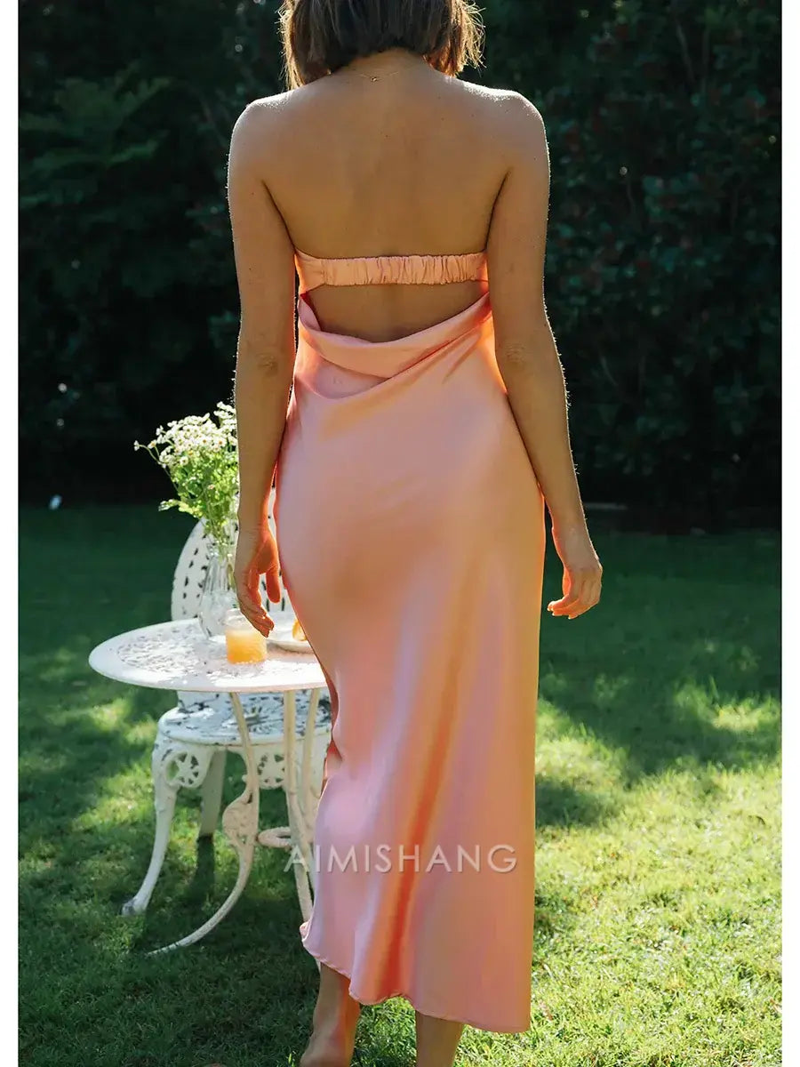 Aimishang Elegant Strapless Sleeveless Prom Dress Simple Party Evening Gown Satin Wedding Guest Dress