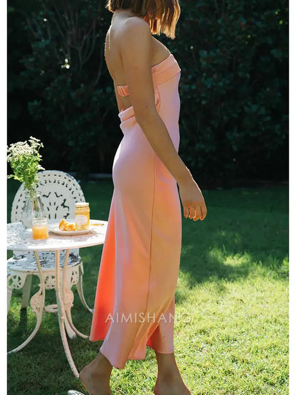 Aimishang Elegant Strapless Sleeveless Prom Dress Simple Party Evening Gown Satin Wedding Guest Dress