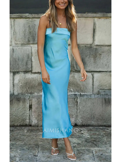 Aimishang Elegant Strapless Sleeveless Prom Dress Simple Party Evening Gown Satin Wedding Guest Dress
