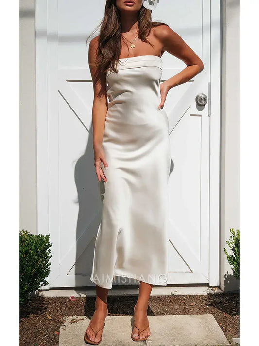 Aimishang Elegant Strapless Sleeveless Prom Dress Simple Party Evening Gown Satin Wedding Guest Dress