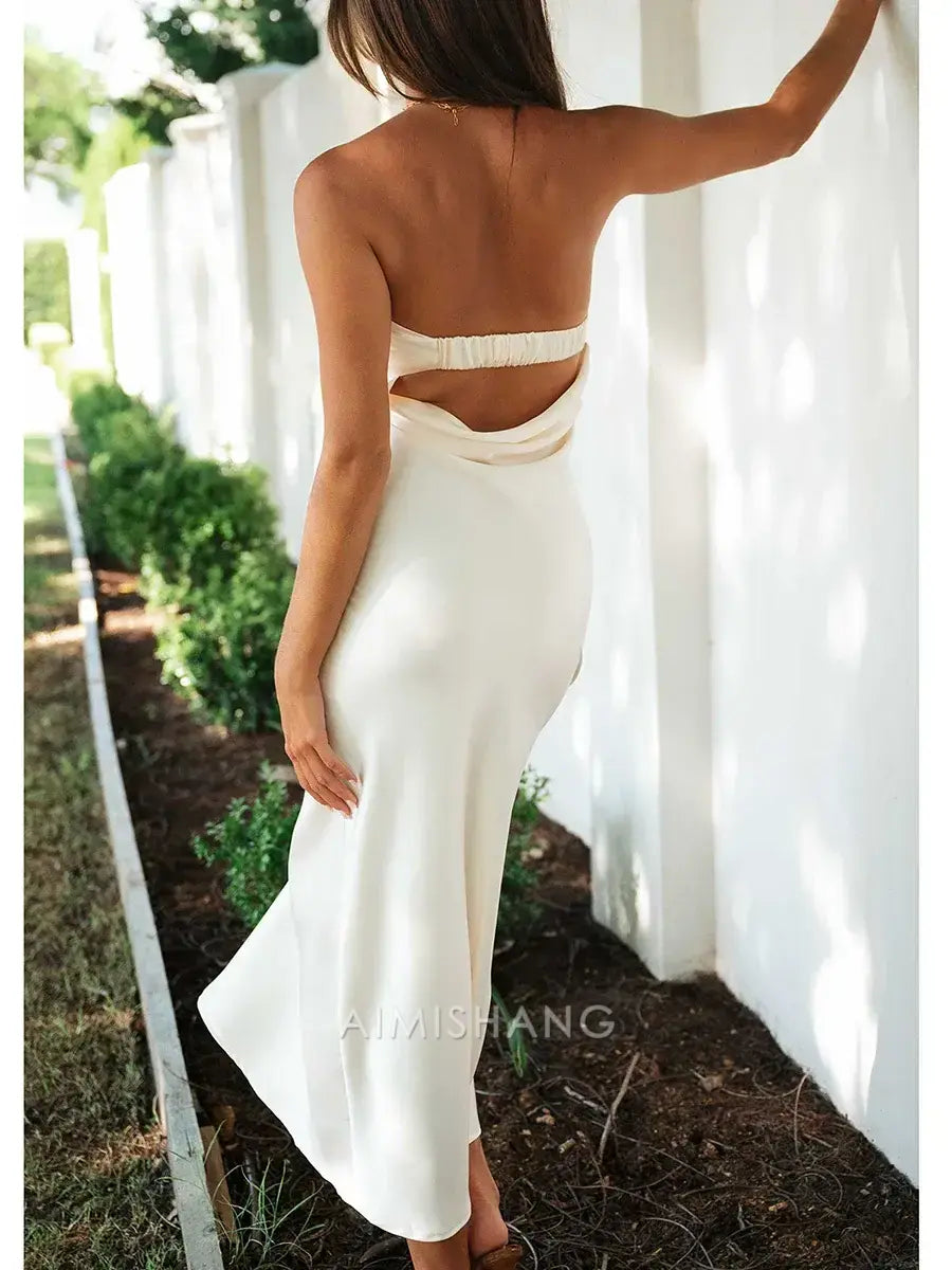 Aimishang Elegant Strapless Sleeveless Prom Dress Simple Party Evening Gown Satin Wedding Guest Dress