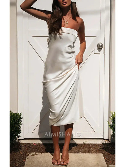 Aimishang Elegant Strapless Sleeveless Prom Dress Simple Party Evening Gown Satin Wedding Guest Dress